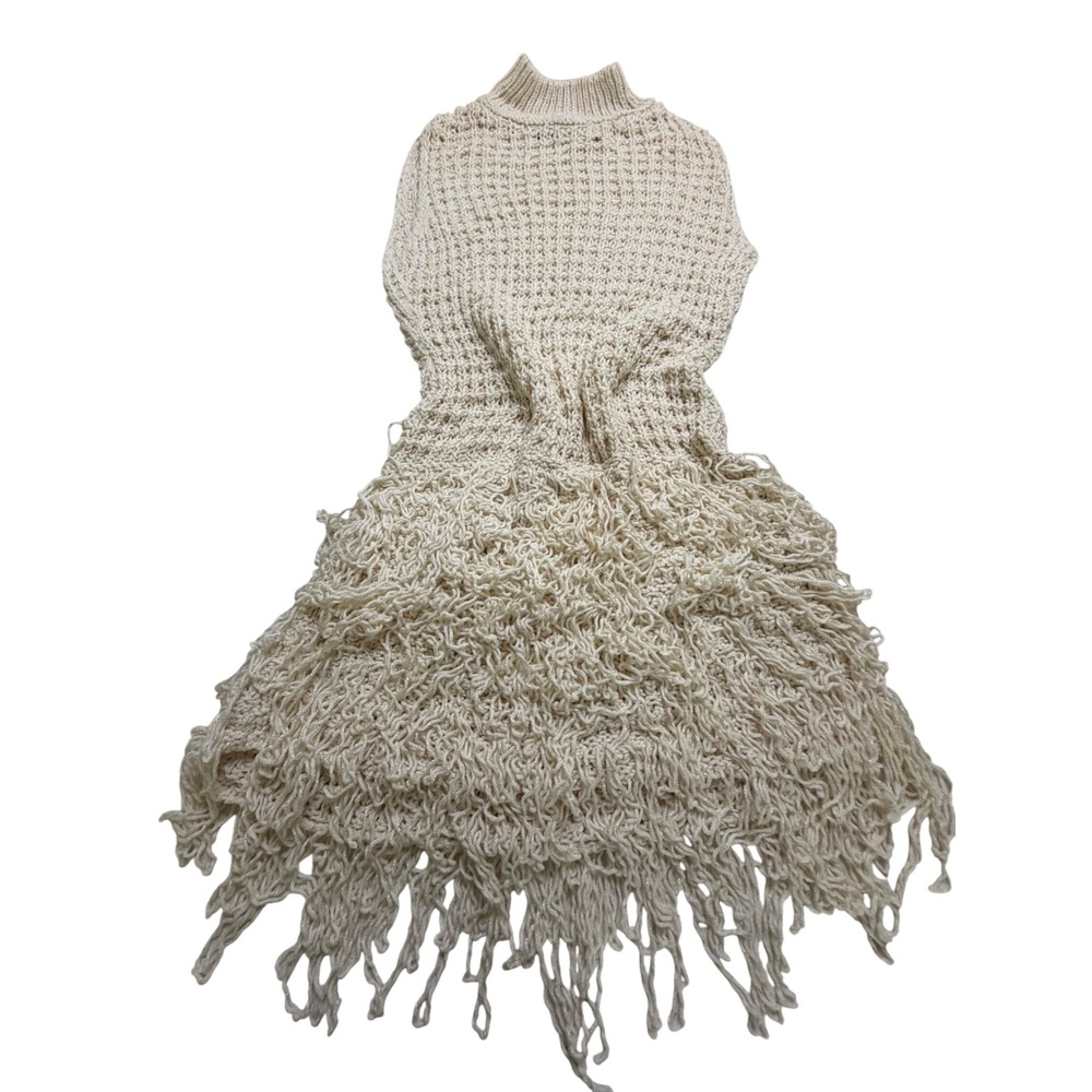 H&M Divided Cream Knit Fringe Mini Dress Mock Neck Sleeveless XS